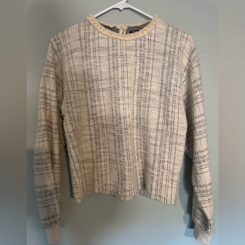 Zara Tweed Sweater Boucle Sweatshirt w/ Pearl Collar Size Small - Picture 2 of 6